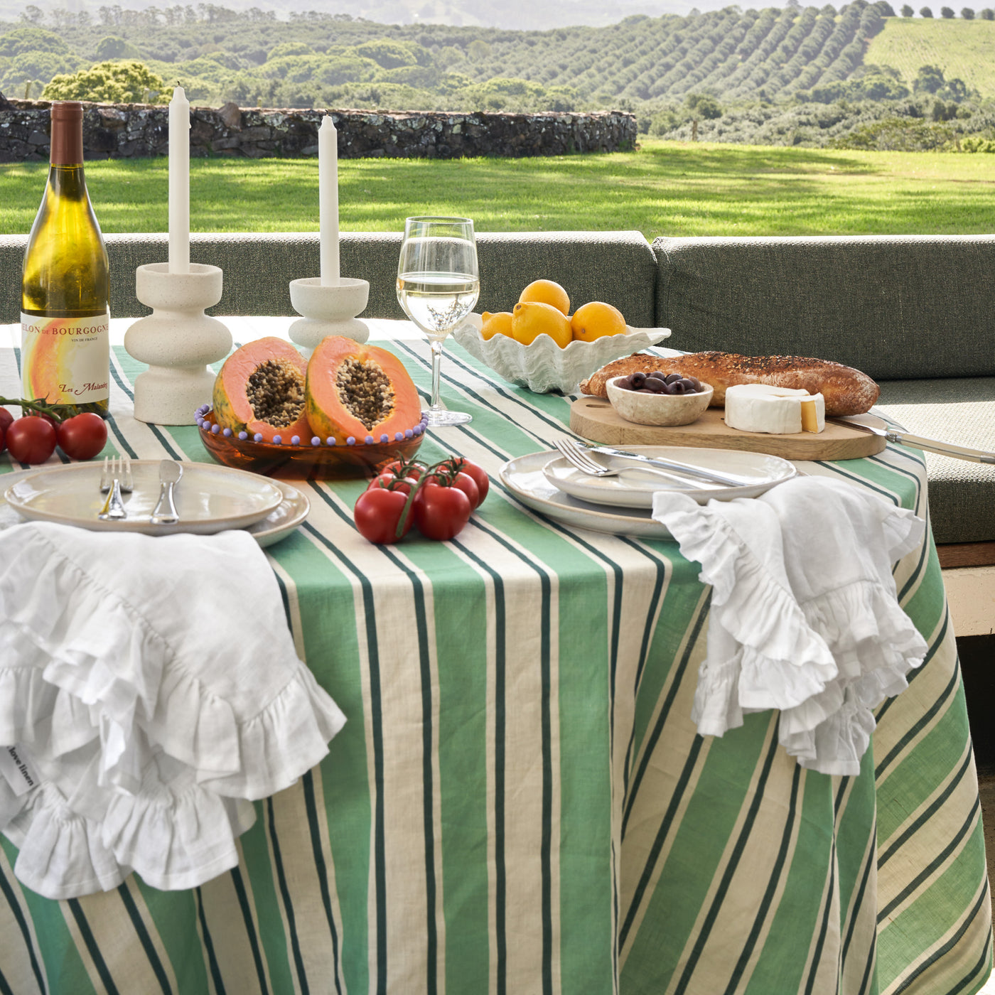 French Flax Linen Table Cloth in Green Stripe