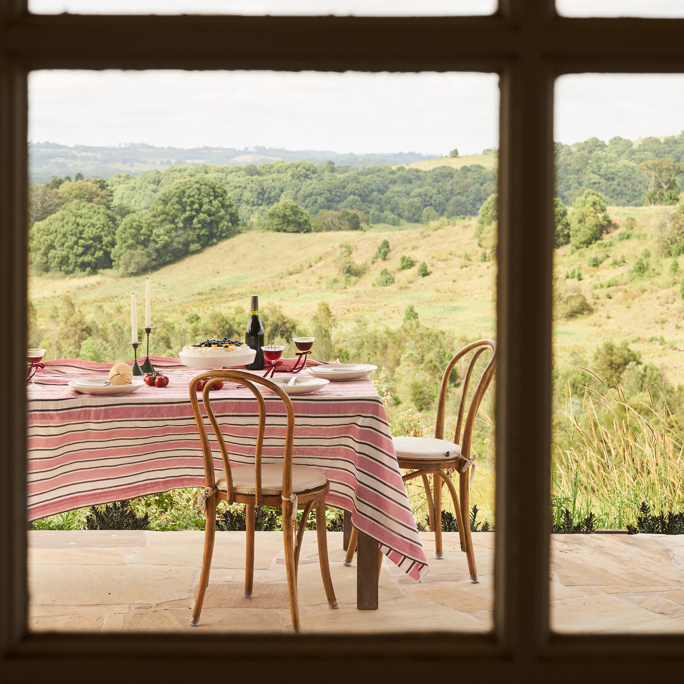 French Flax Linen Table Cloth in Pink Stripe
