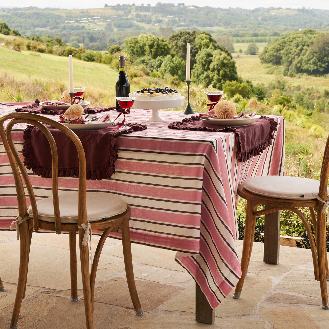 French Flax Linen Table Cloth in Pink Stripe