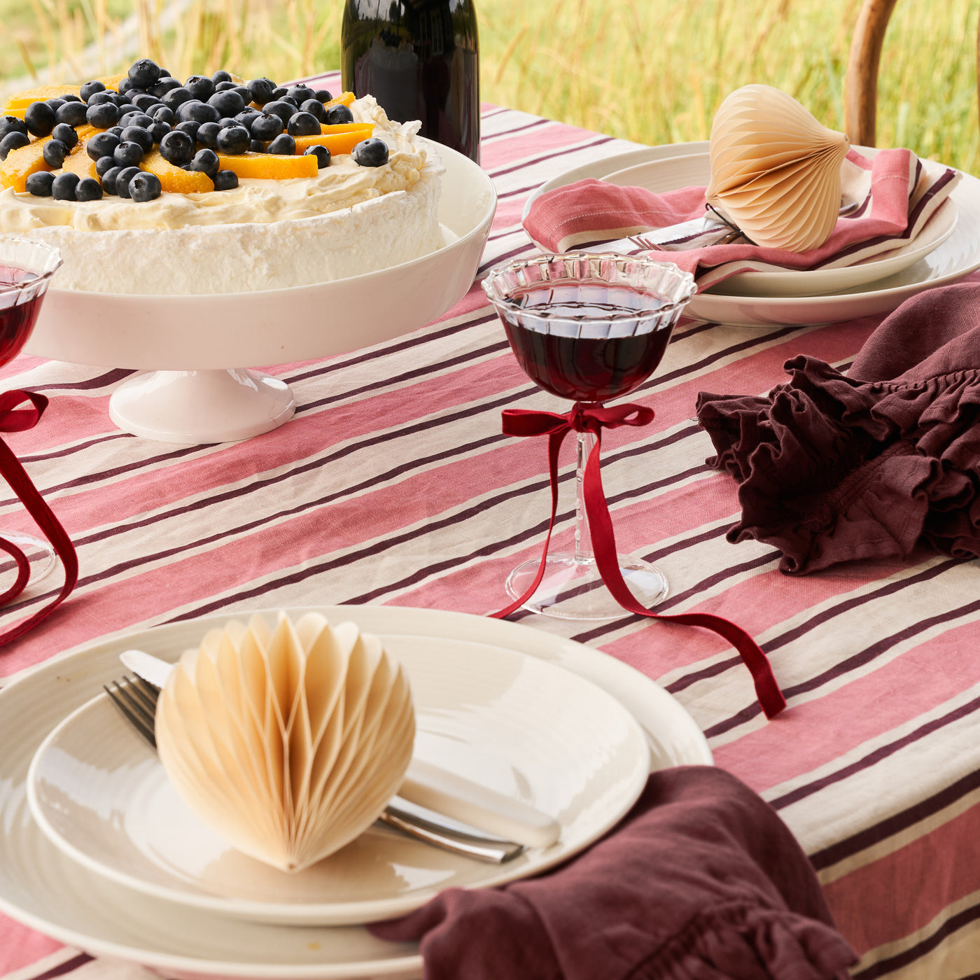 French Flax Linen Table Cloth in Pink Stripe