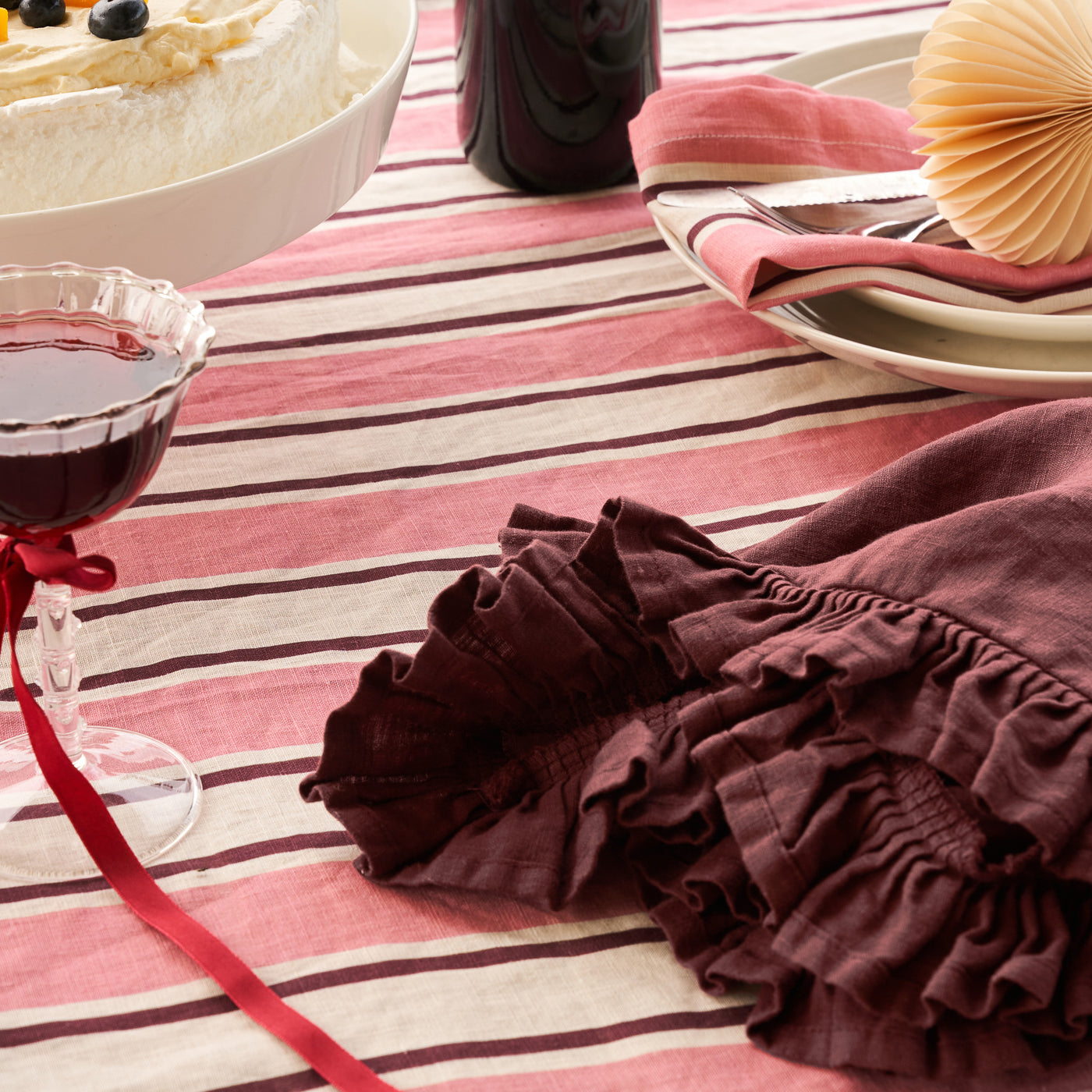 French Flax Linen Table Cloth in Pink Stripe