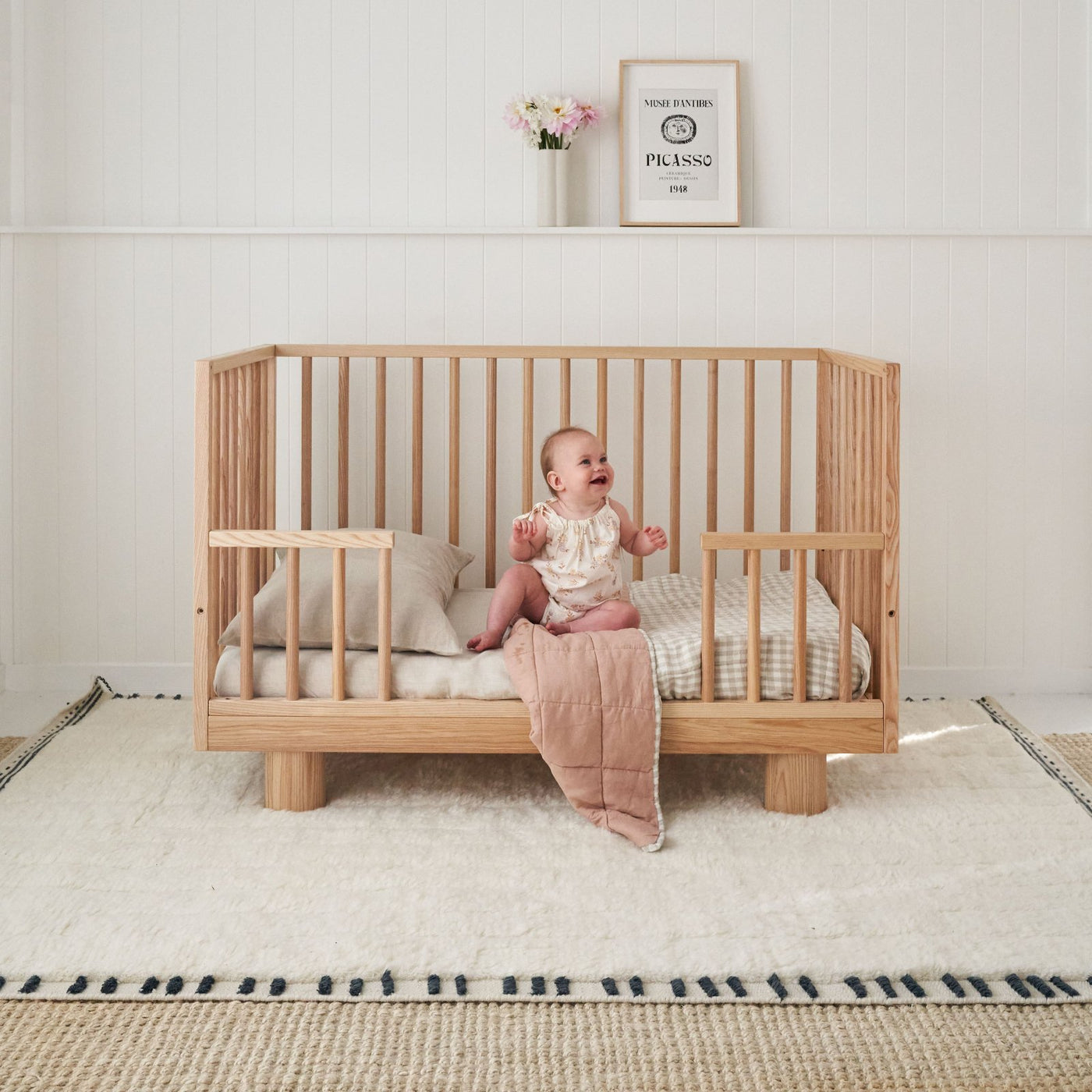 French Flax Linen Cot Quilt/Play Mat in Clay/Beige Gingham – I