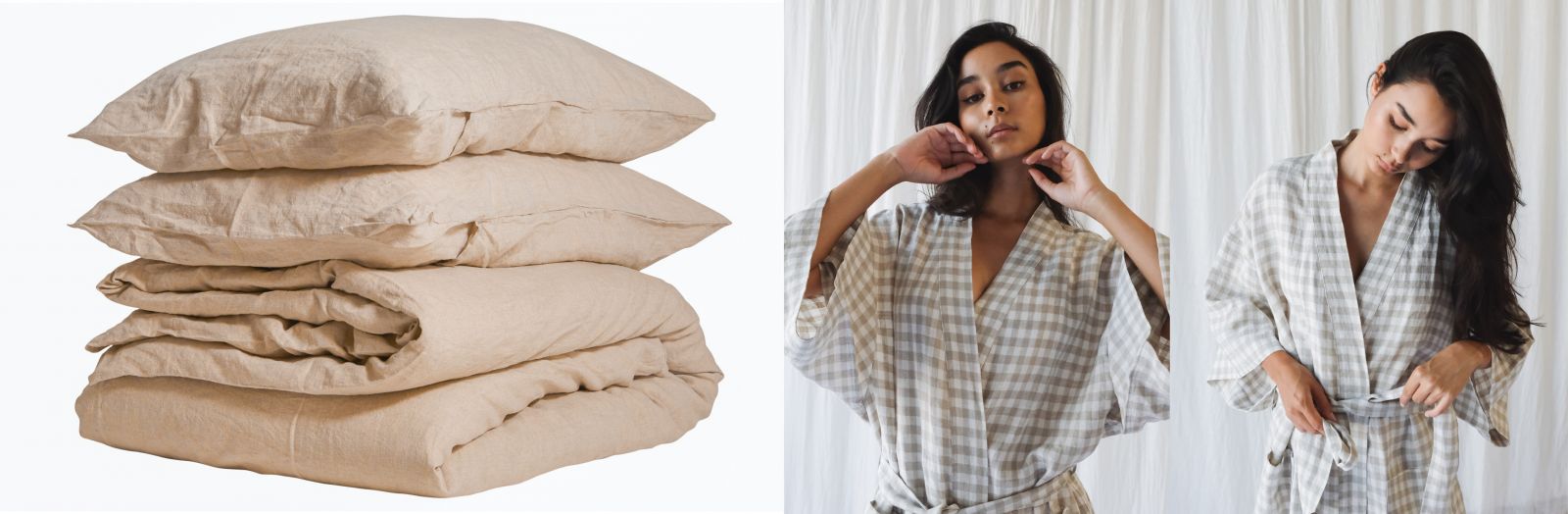 Pure French linen Quilt Cover in Crème - French linen Robe in Beige Gingham