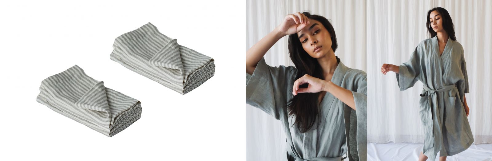 Napkin in Soft Grey Stripe - French linen Robe in Sage
