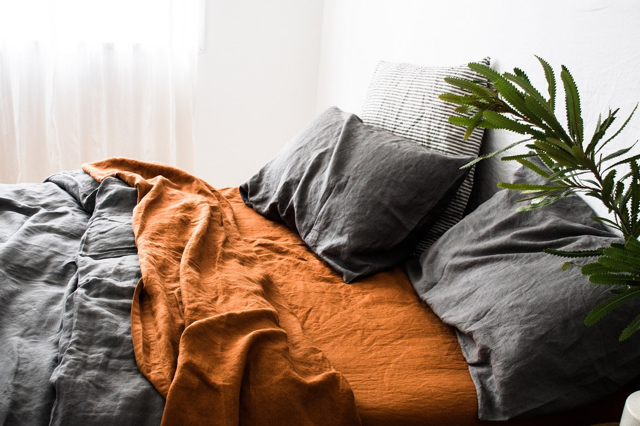 Warm Grey & Ochre French Linen Bedding - Lookbook