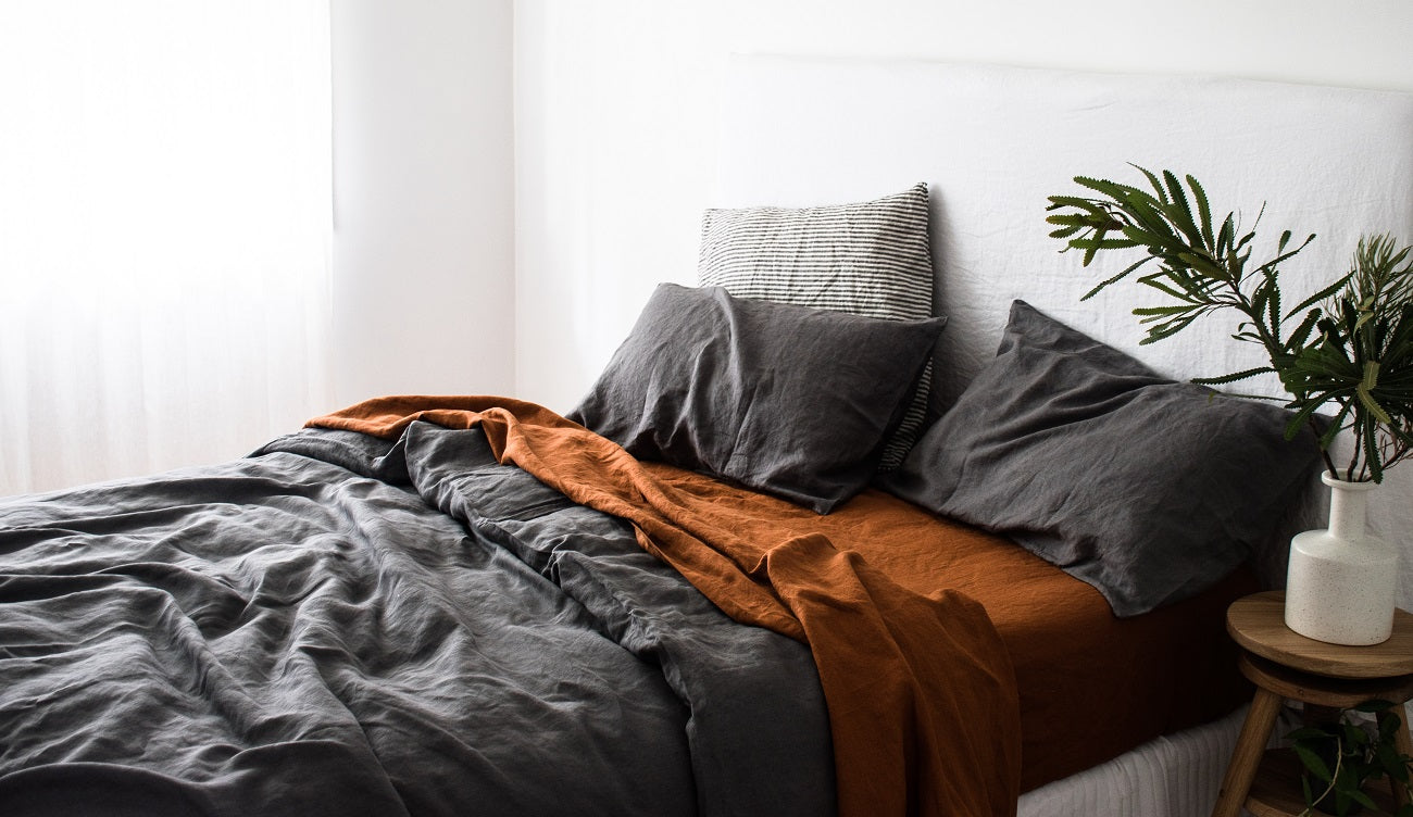 Warm Grey & Ochre French Linen Bedding - Lookbook