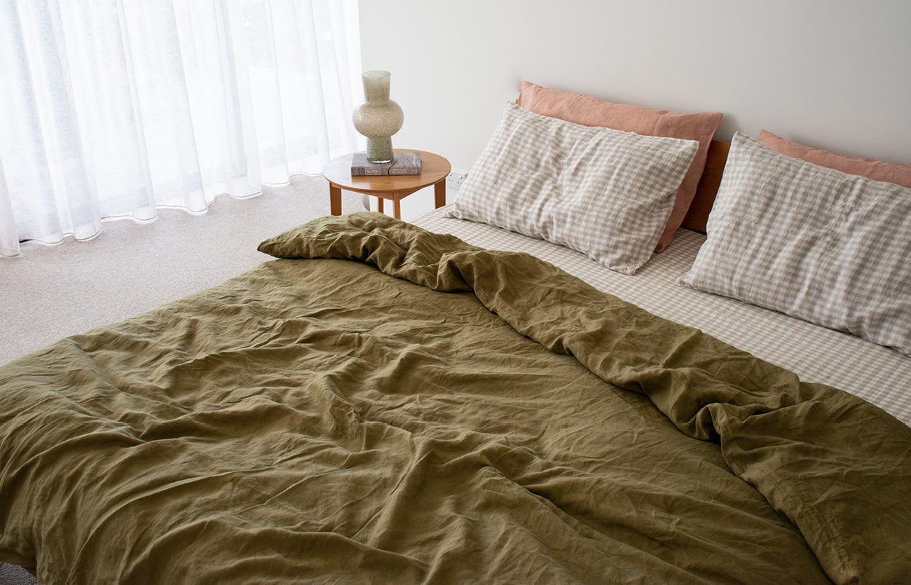 Beige Gingham Fitted Sheet, Olive Quilt Cover, Beige Gingham & Clay Pillowcases
