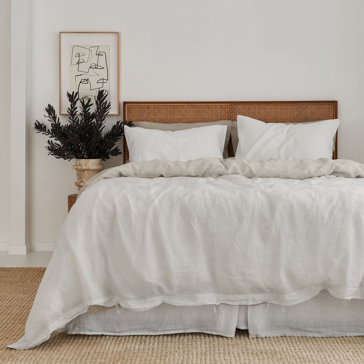 French Flax Linen Double Sided Quilt Cover in White/Natural Double