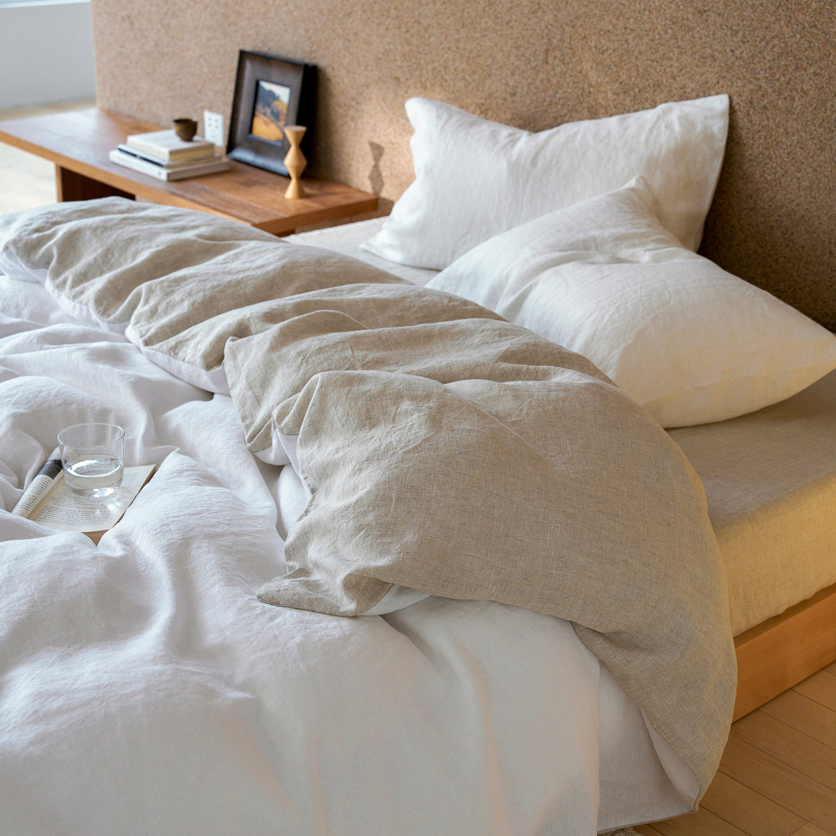 French Flax Linen Reversible Quilt Cover Set in White/Natural