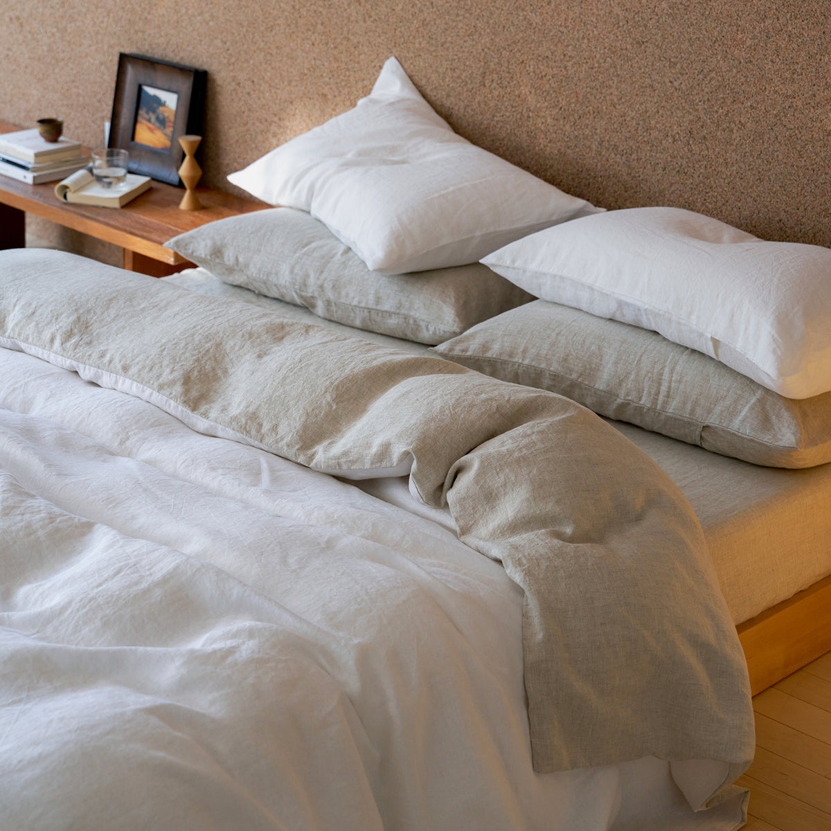 French Flax Linen Reversible Quilt Cover Set in White/Natural