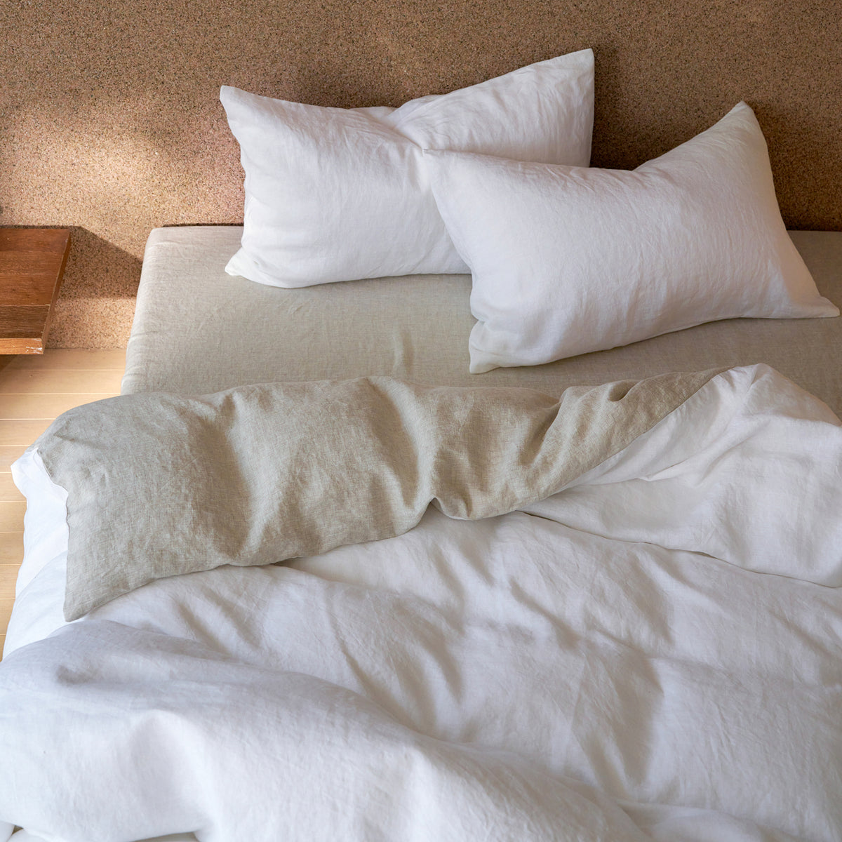 French Flax Linen Reversible Quilt Cover Set in White/Natural