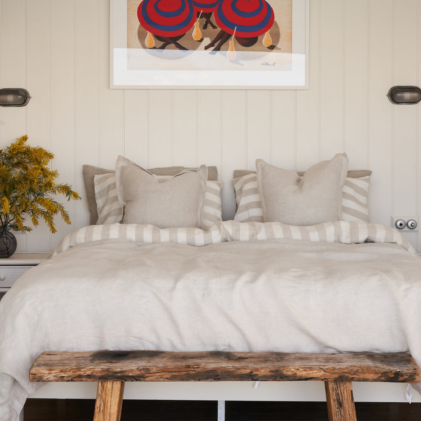 French Flax Linen Flat Sheet in Natural Thick Stripe