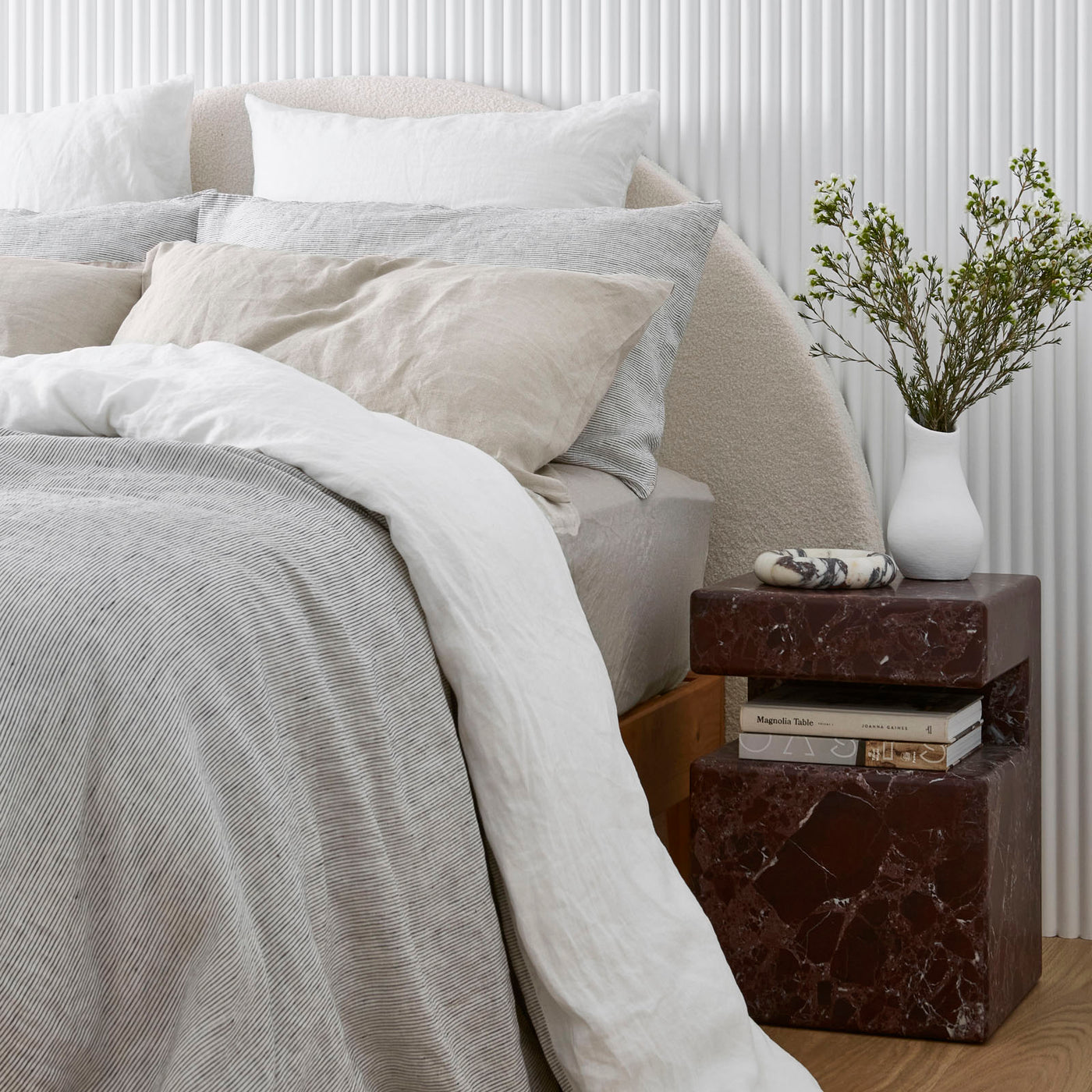 French Flax Linen Double Sided Quilt Cover Set in White/Pinstripe