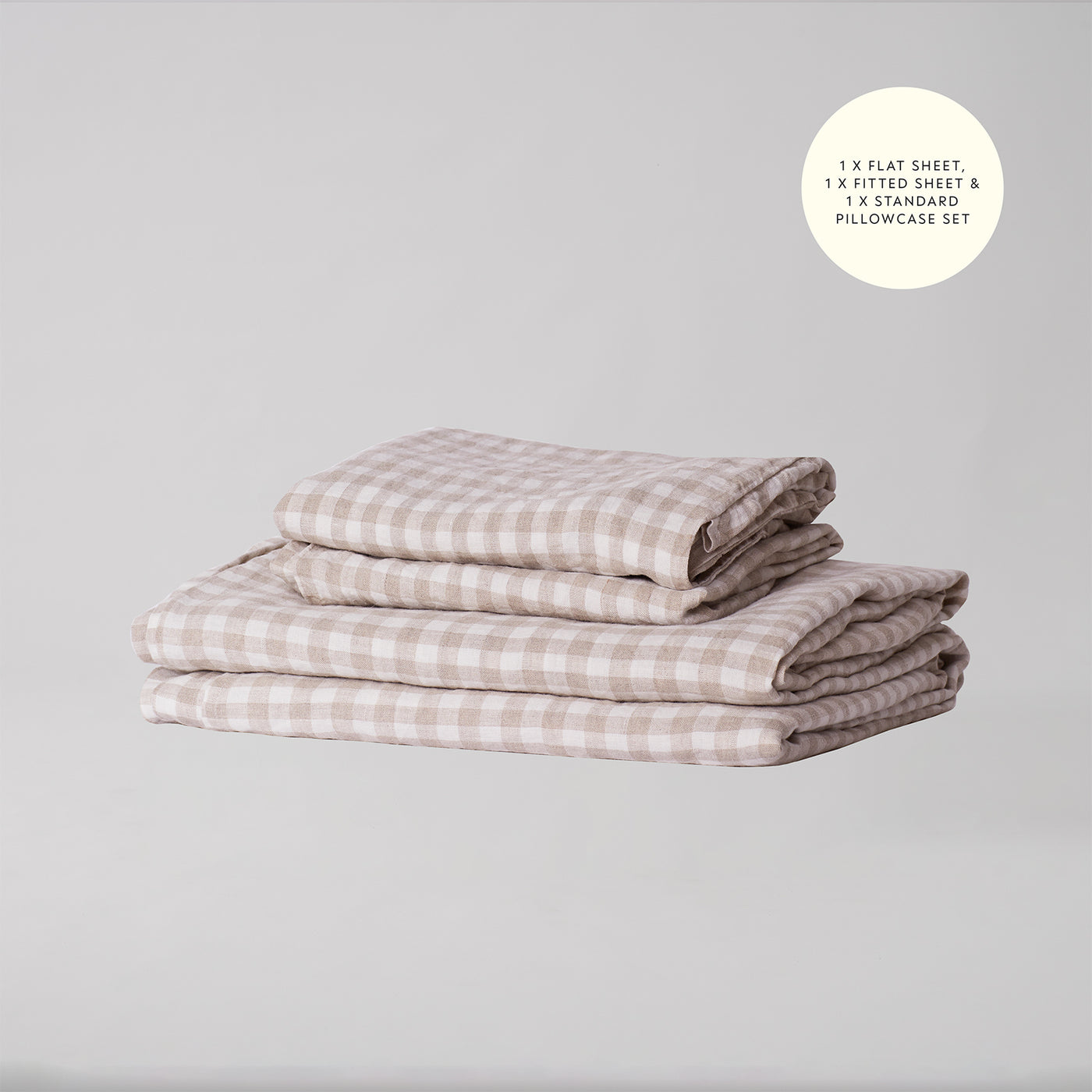 French Flax Linen Sheet Set in Beige Gingham