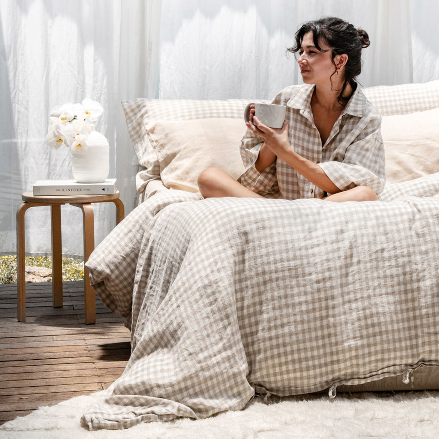 French Flax Linen Quilt Cover in Beige Gingham