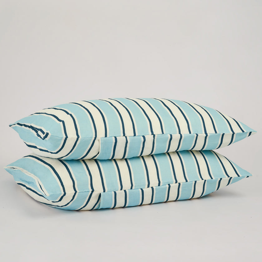 French Flax Linen Pillowcase Set in Blue Stripe