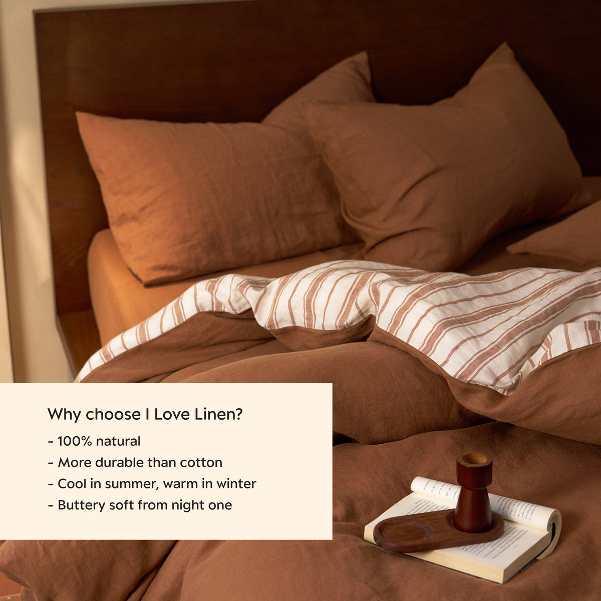 French Flax Linen Reversible Quilt Cover in Hazelnut/Hazelnut Stripe