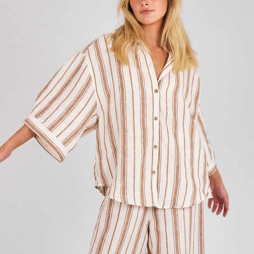 French Flax Linen Ruby Shirt in Hazelnut Stripe