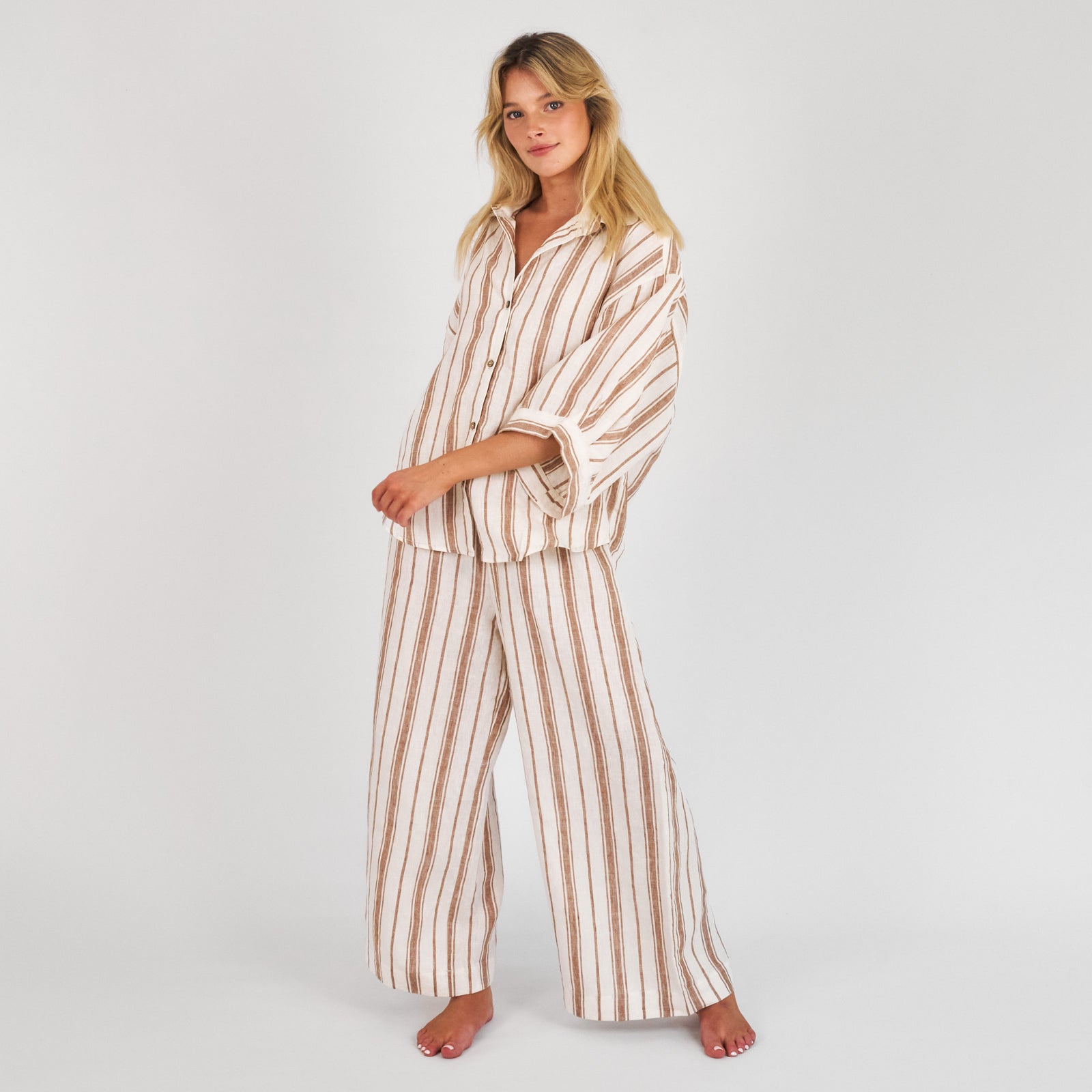 French Flax Linen Lounge Pant in Hazelnut Stripe – I Love Linen