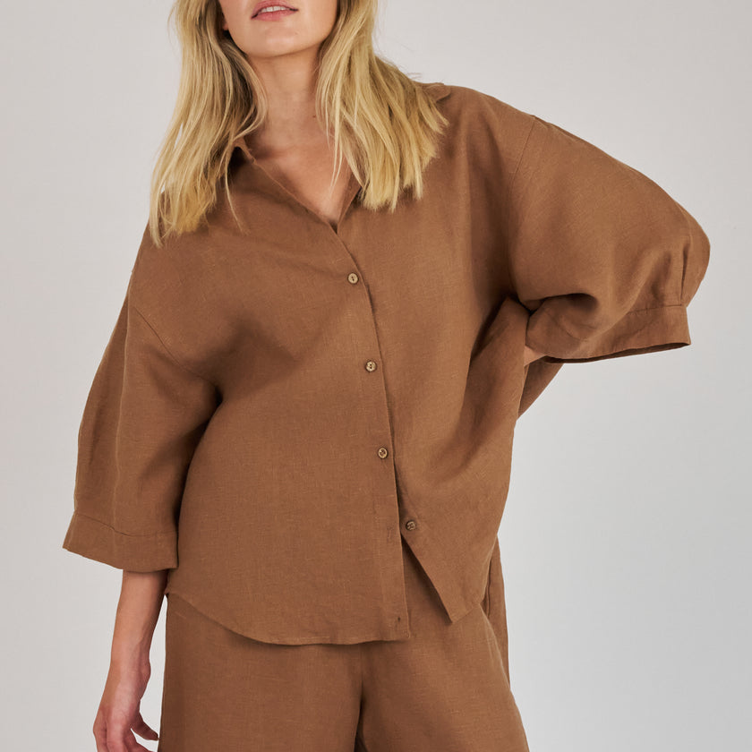 French Flax Linen Ruby Shirt in Hazelnut