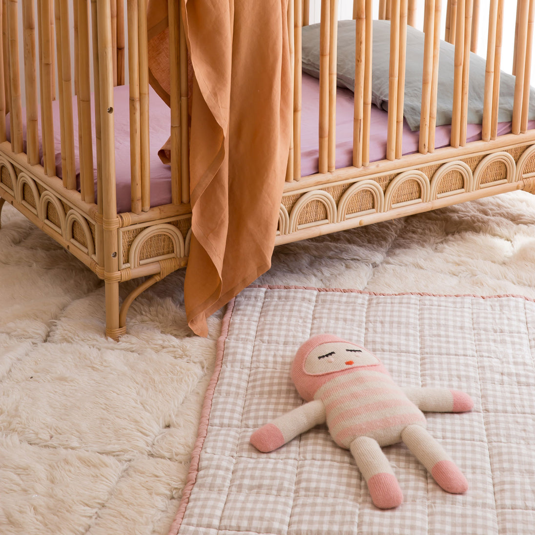 French Flax Linen Cot Sheet in Clay Gingham