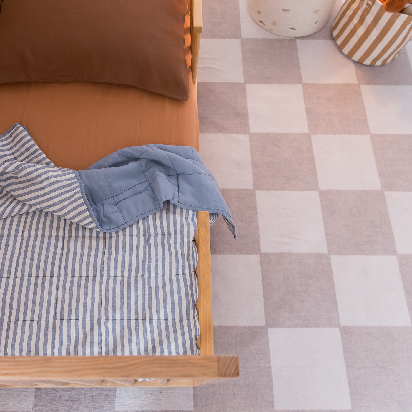 French Flax Linen Cot Quilt/Play Mat in Marine Blue/Marine Blue Stripe