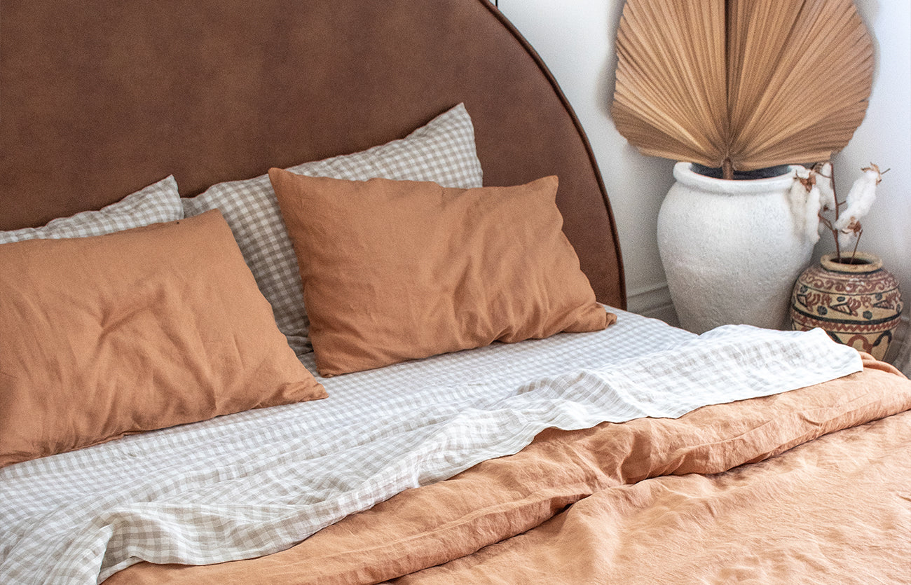 French linen, lookbook, beige gingham, ochre, blush, bedding