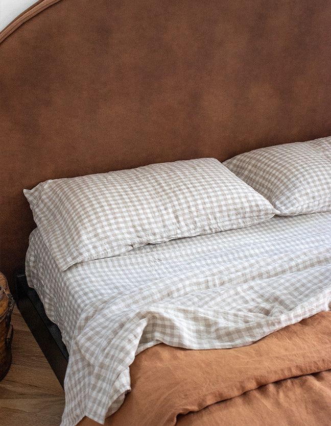 French linen, lookbook, beige gingham, ochre, blush, bedding