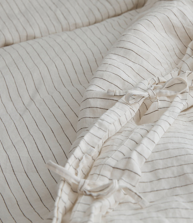 French linen, lookbook, olive stripe, bedding