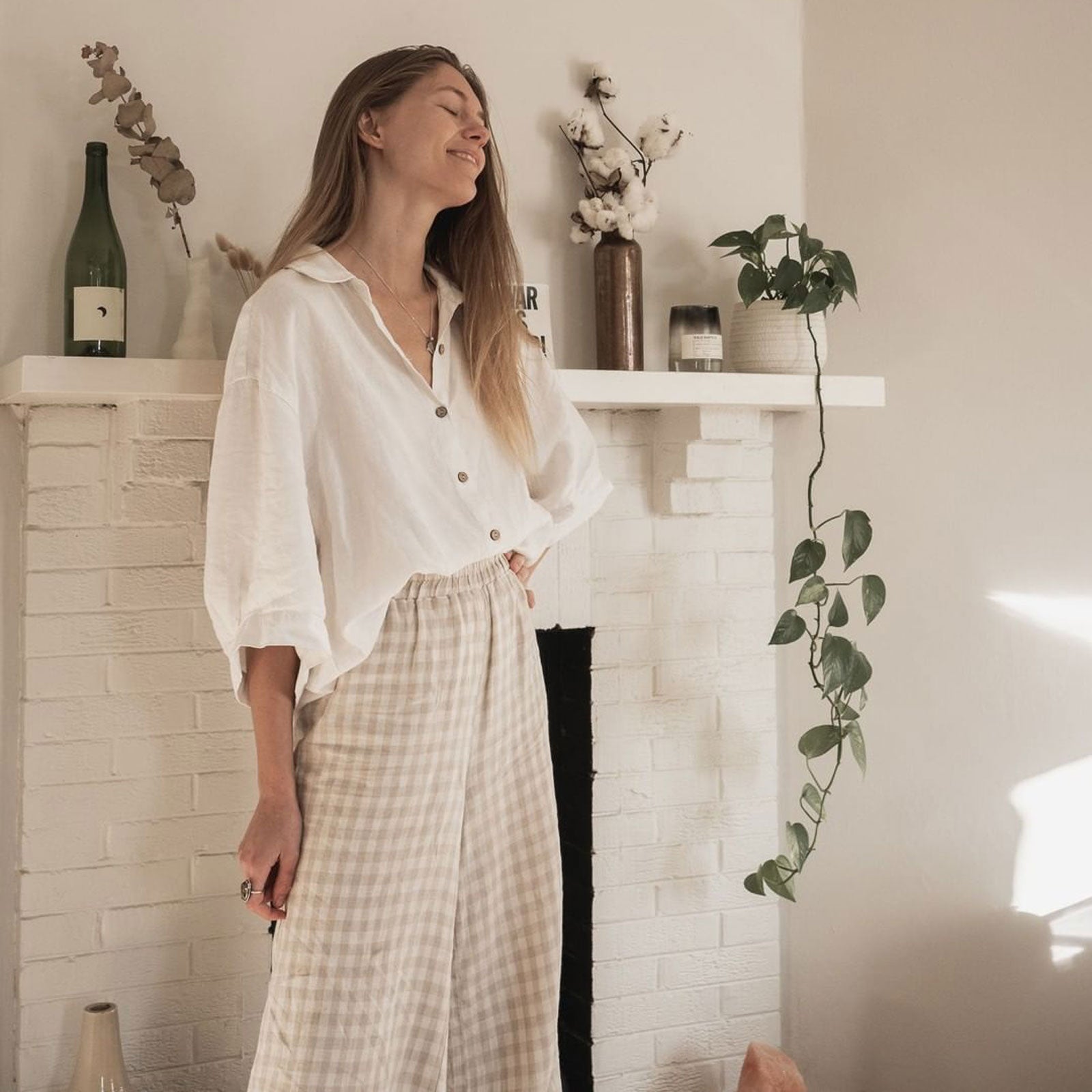 French Flax Linen Lounge Pant in Charcoal Gingham