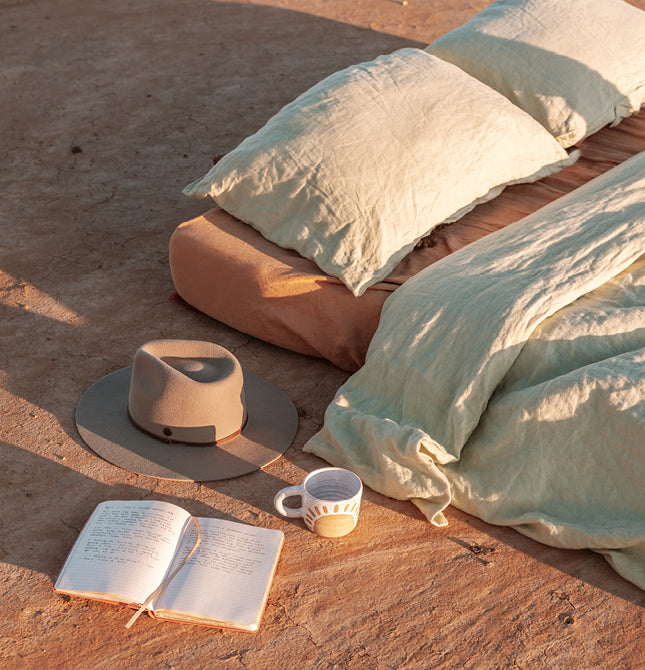 100% Pure French Linen Quilt Cover Set in Matcha and Sandalwood Fitted Sheet