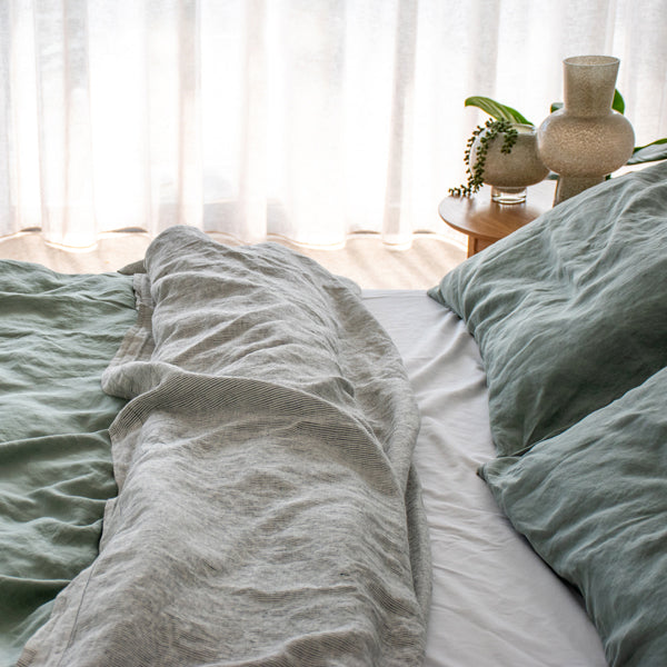 French Flax Linen Sheets in Sage Pin Stripe