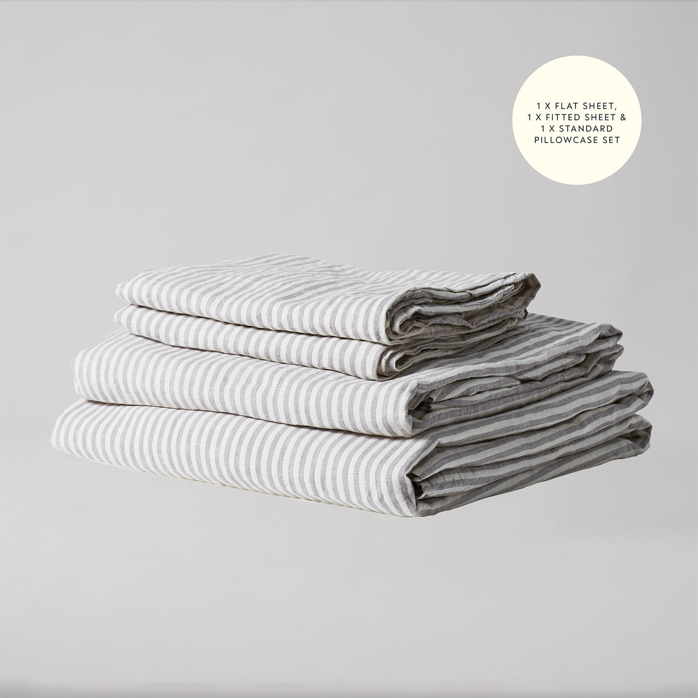 French Flax Linen Sheet Set in Grey Stripe