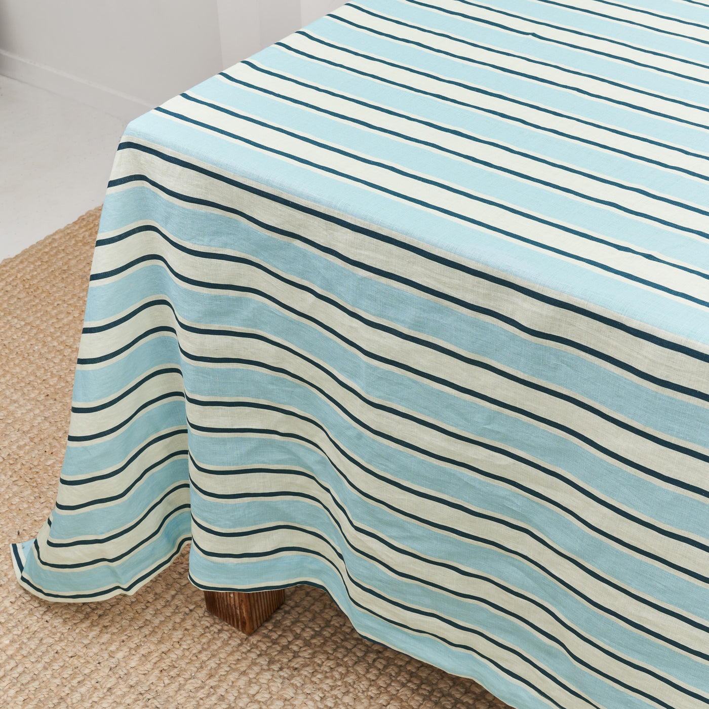 French Flax Linen Table Cloth in Blue Stripe