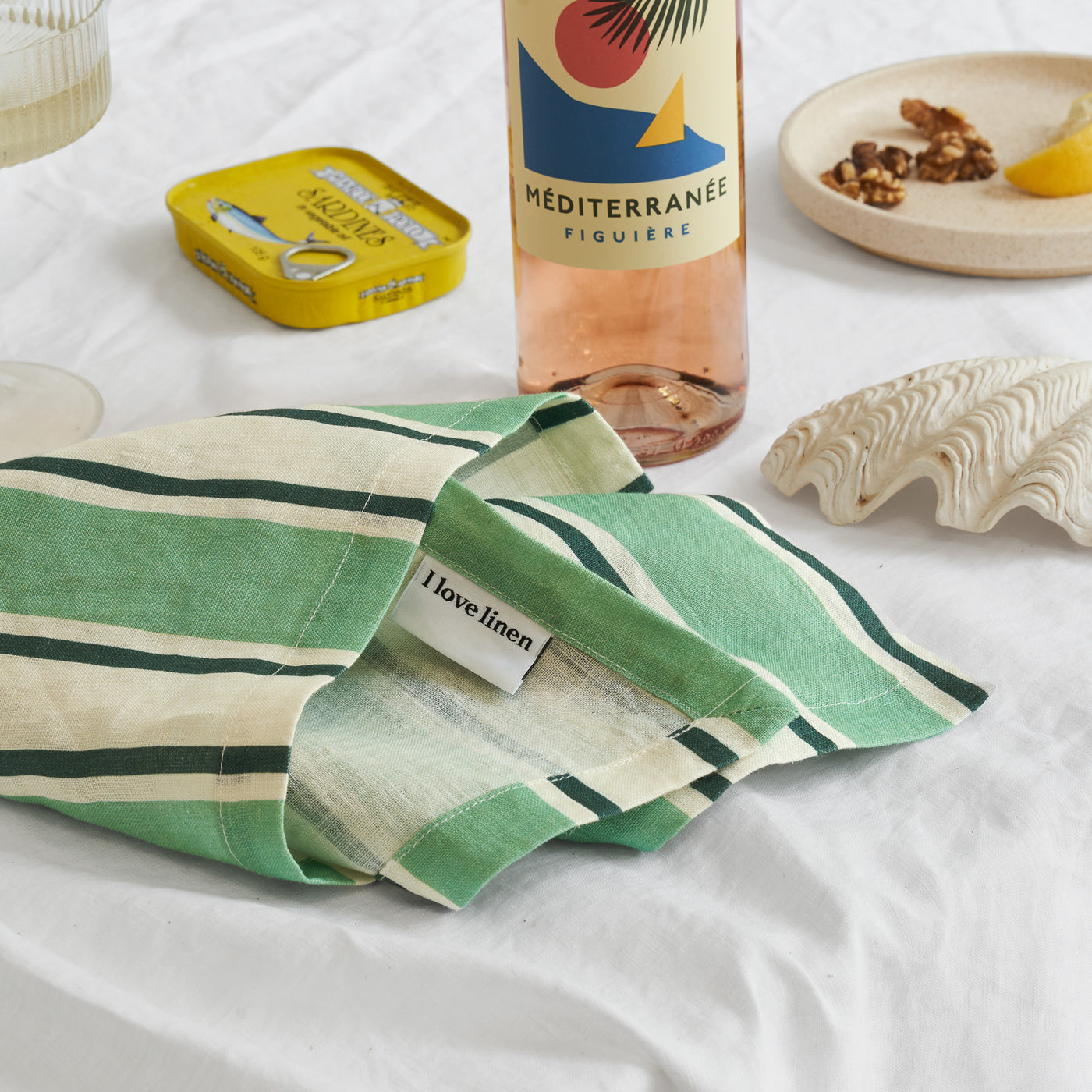 French Flax Linen Napkins (Set Of 4) in Green Stripe
