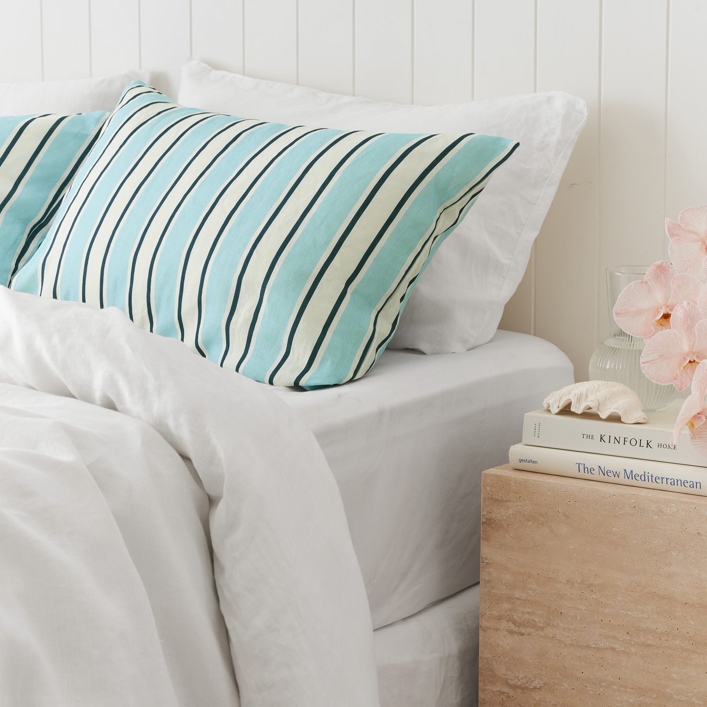 French Flax Linen Pillowcase Set in Blue Stripe