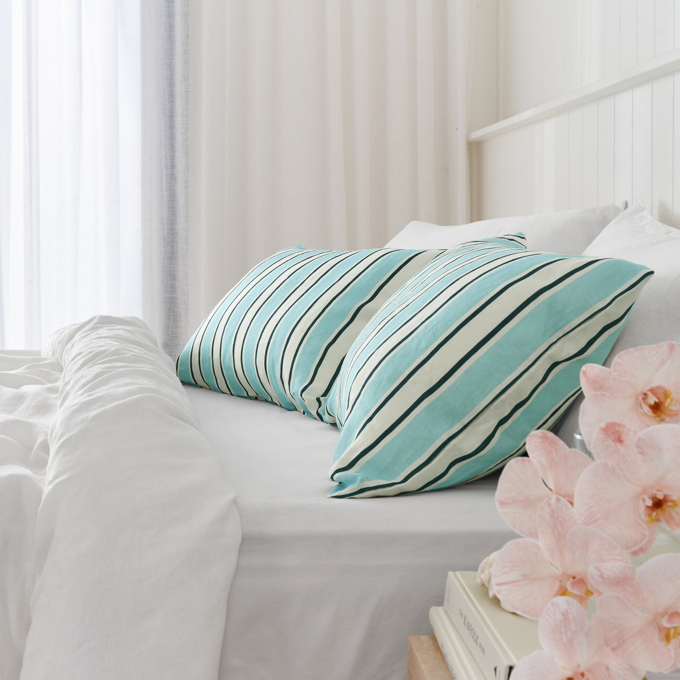 French Flax Linen Pillowcase Set in Blue Stripe