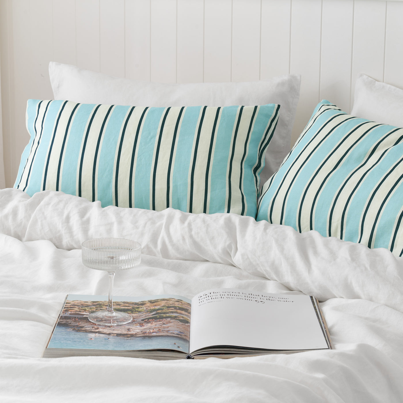 French Flax Linen Pillowcase Set in Blue Stripe