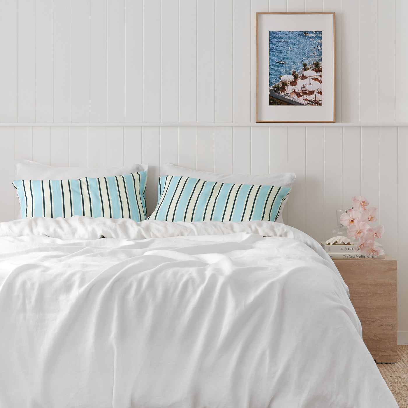 French Flax Linen Pillowcase Set in Blue Stripe