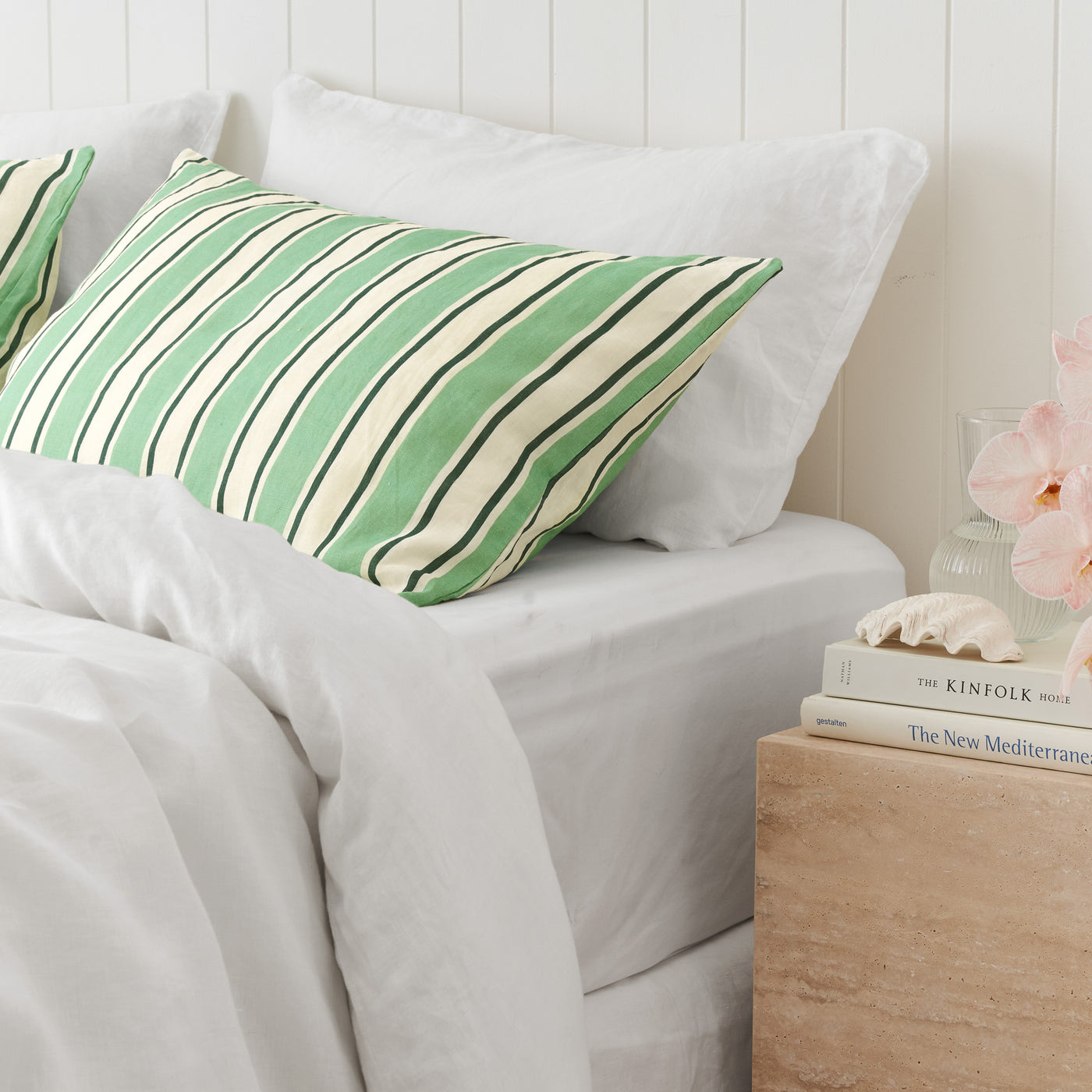 French Flax Linen Pillowcase Set in Green Stripe