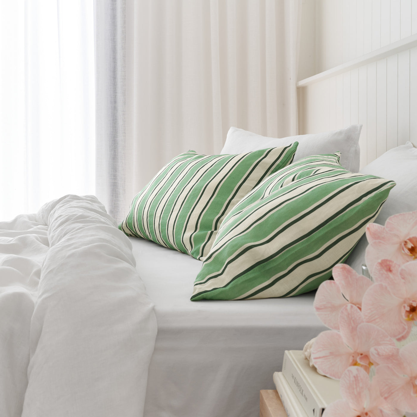French Flax Linen Pillowcase Set in Green Stripe
