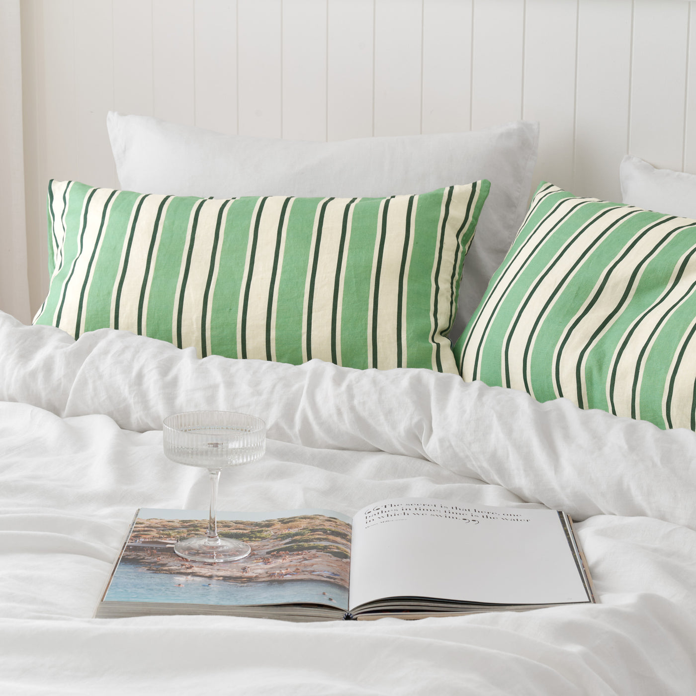 French Flax Linen Pillowcase Set in Green Stripe