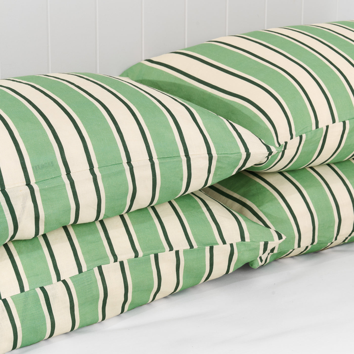 French Flax Linen Pillowcase Set in Green Stripe