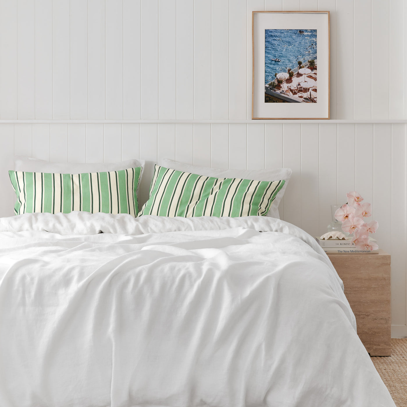 French Flax Linen Pillowcase Set in Green Stripe