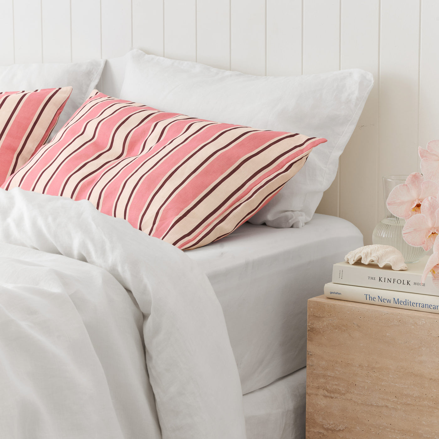 French Flax Linen Pillowcase Set in Pink Stripe