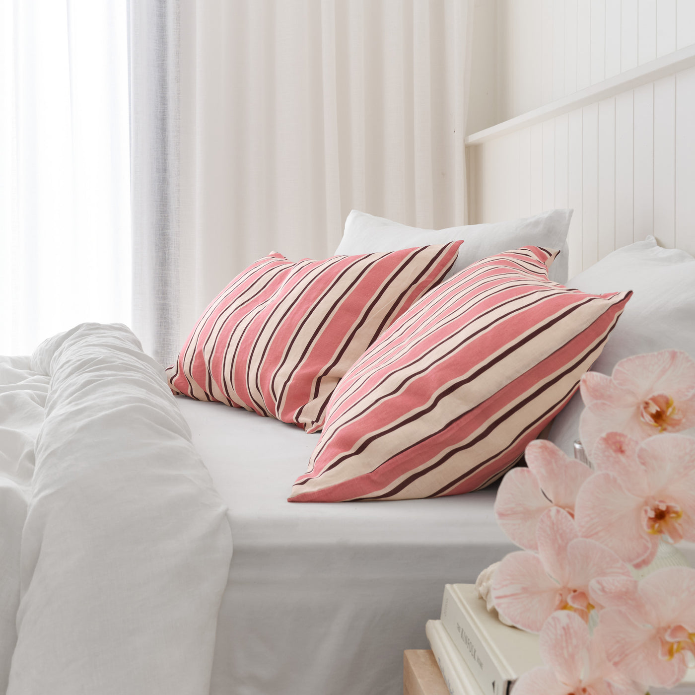 French Flax Linen Pillowcase Set in Pink Stripe