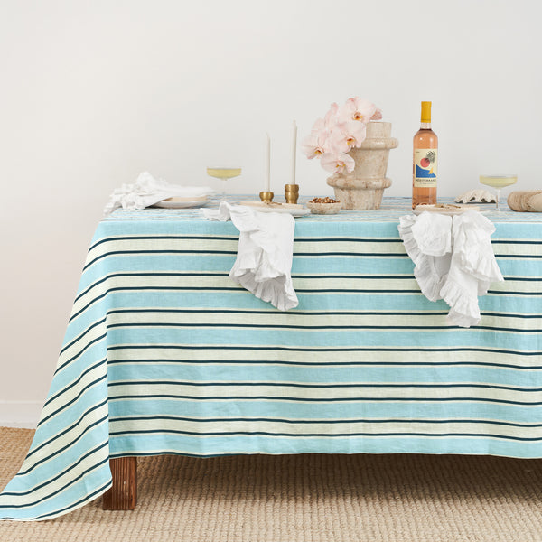 French Flax Linen Table Cloth in Blue Stripe