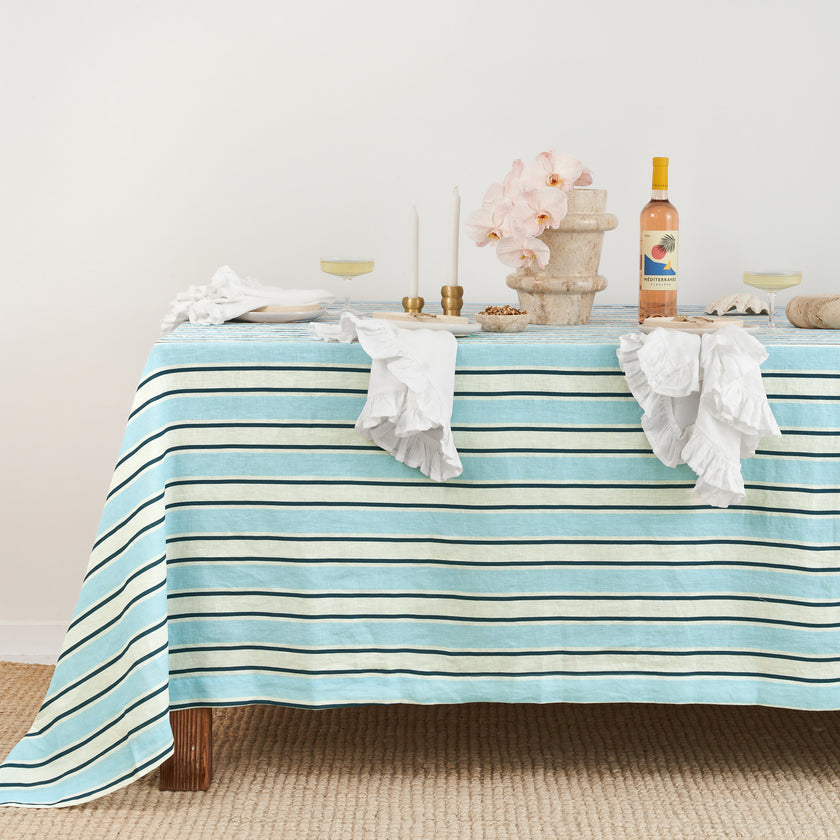 French Flax Linen Table Cloth in Blue Stripe