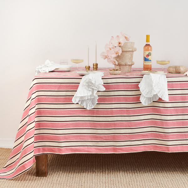 French Flax Linen Table Cloth in Pink Stripe
