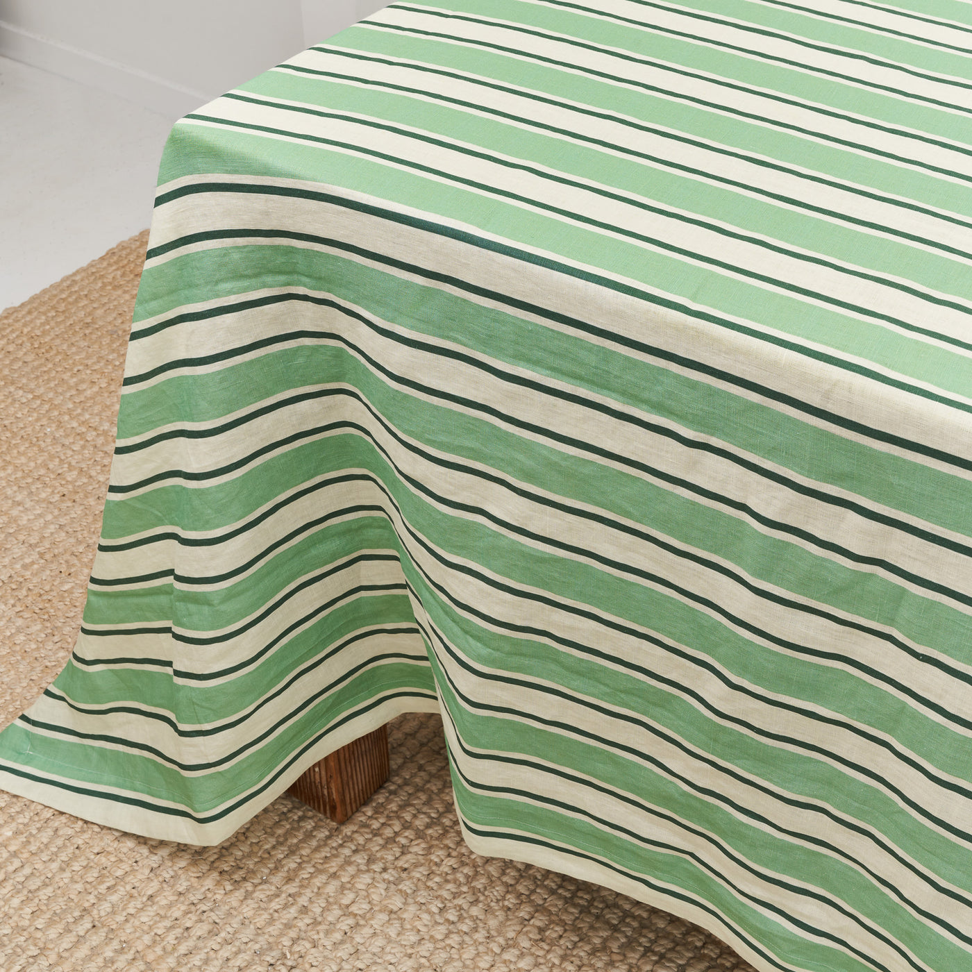 French Flax Linen Table Cloth in Green Stripe